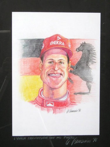 Immagine Prova d’autore “Schumi” di G. Cremonini firmato: “L’unica caricatura che ho fatto”, 1996 - michael schumacher