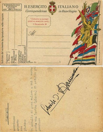 Immagine di Cartolina militare R. Esercito Italiano in franchigia con autografo originale di Gabriele D’Annunzio