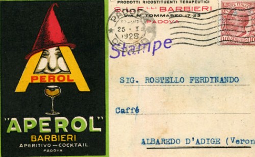 Immagine di Aperol di Barbieri /Padova/ con autografo dello stesso, viaggiata 25. 01. 1928. - cartolina pubblicitaria